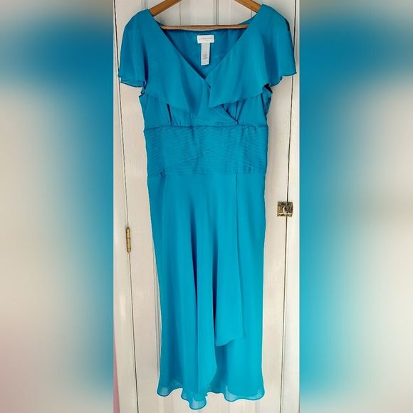 Liz Claiborne Teal Ruffled Midi Bridesmaid Wedding Prom Cocktail Dress Sz 10 - Picture 2 of 10